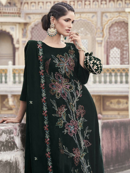 Aastha Fashion Women's Green Velvet Resham Thread with Jari & Sequin Kurta with Trouser & Dupatta - Grab2buy