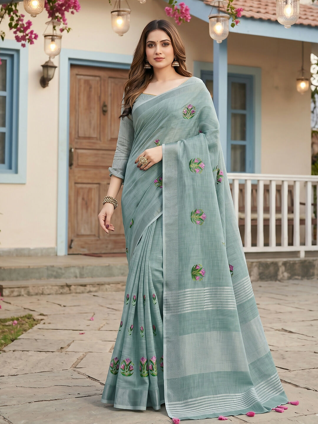 Shree Shyam Fashion Sea Green Linen Saree