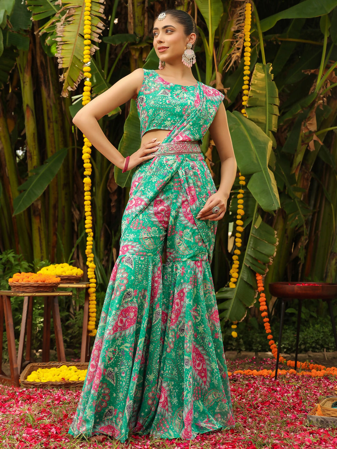 Janasya Green Georgette Floral Grab2Buy 