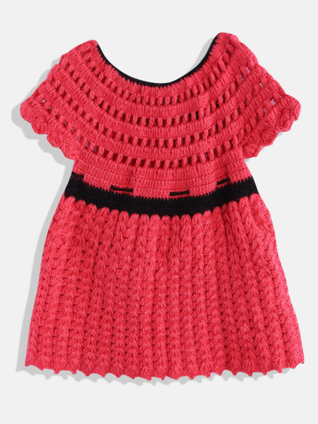 Chutput Kids Woollen Hand Knitted Short Sleeves Flower Detail Dress For Baby Girls - Pink