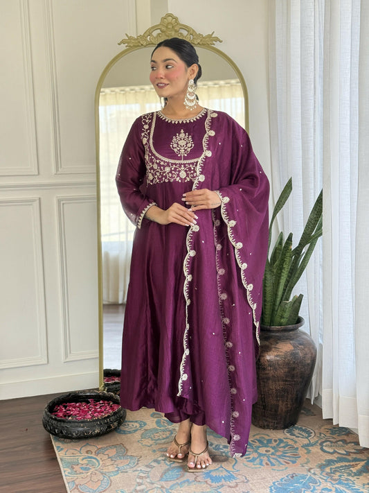 The52 Purple Women's Gorgeous Embroidered Vichitra Silk Fabric Flared Kurta Pant with Dupatta Set | Grab2Buy
