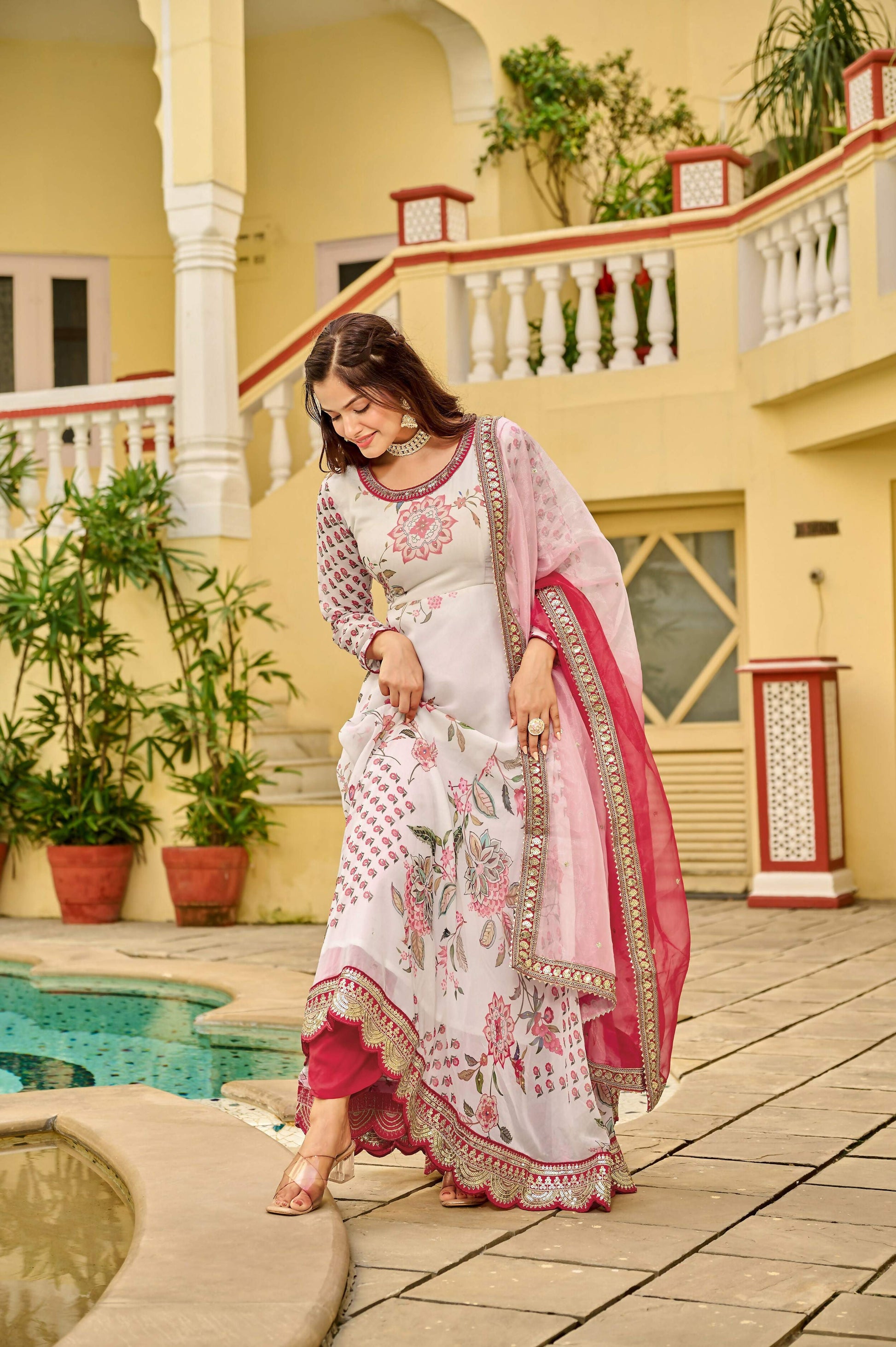 Joban Fashion Pink & White Georgette Embroidery Sequence Work Readymade Kurta Set