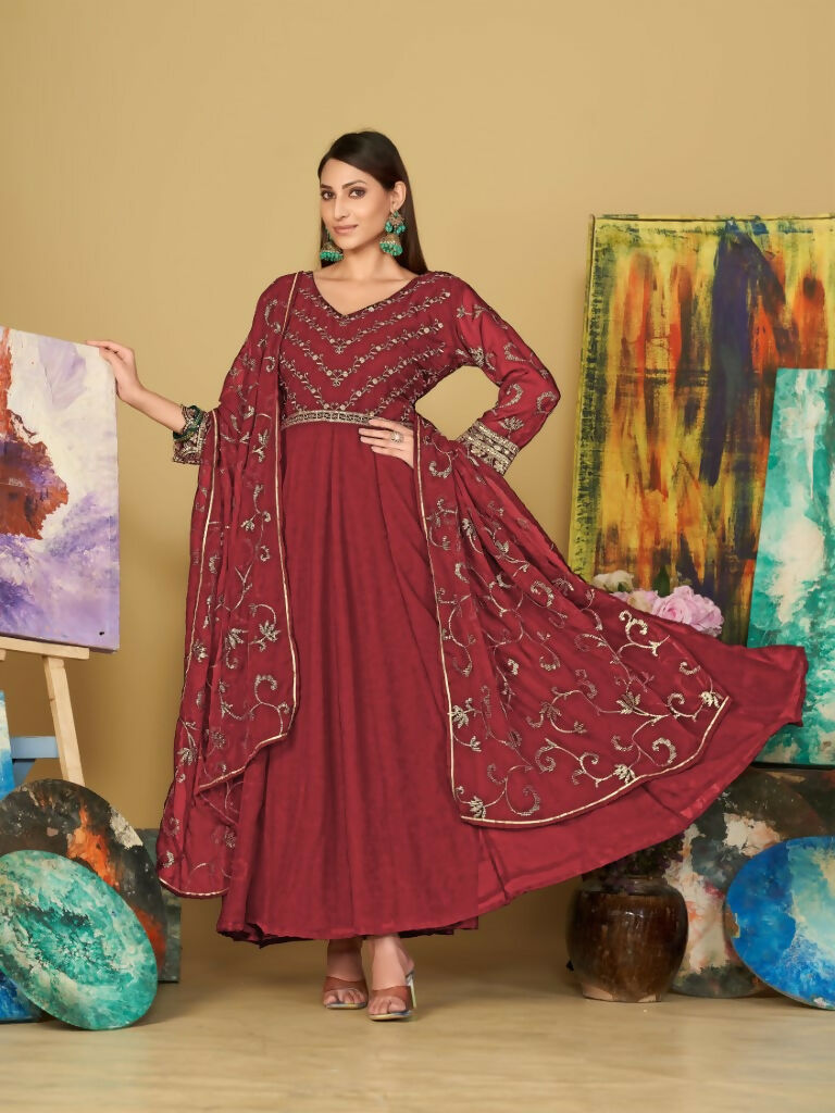 Jyoti Fashion Women's Maroon Georgette Embroidered Anarkali Kurta Pant Set With Dupatta