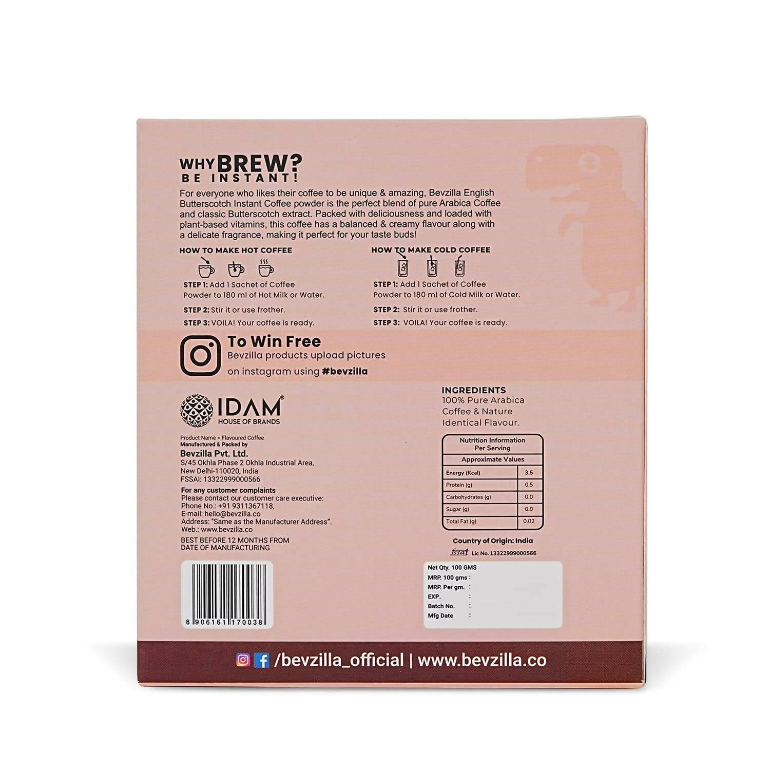 Bevzilla Instant Coffee Powder Sachets (Butterscotch) 