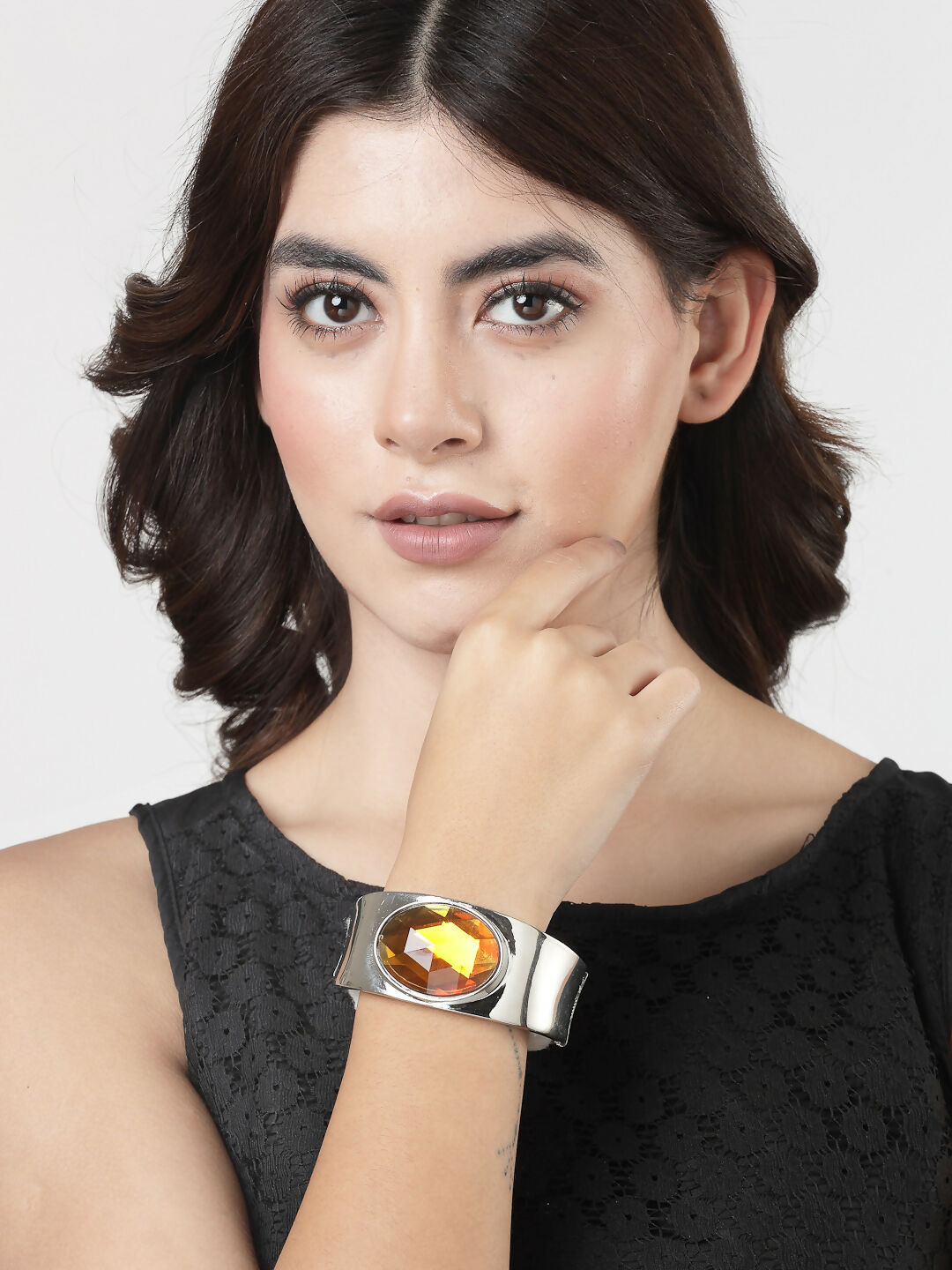 NVR Women Silver-Toned Topaz Rhodium-Plated Kada Bracelet | Grab2Buy