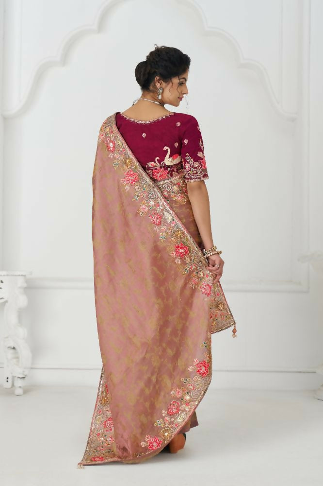 Kesar Fab Pretty Peach: Multicolor Embroidery With Blooming Floral Designs Saree