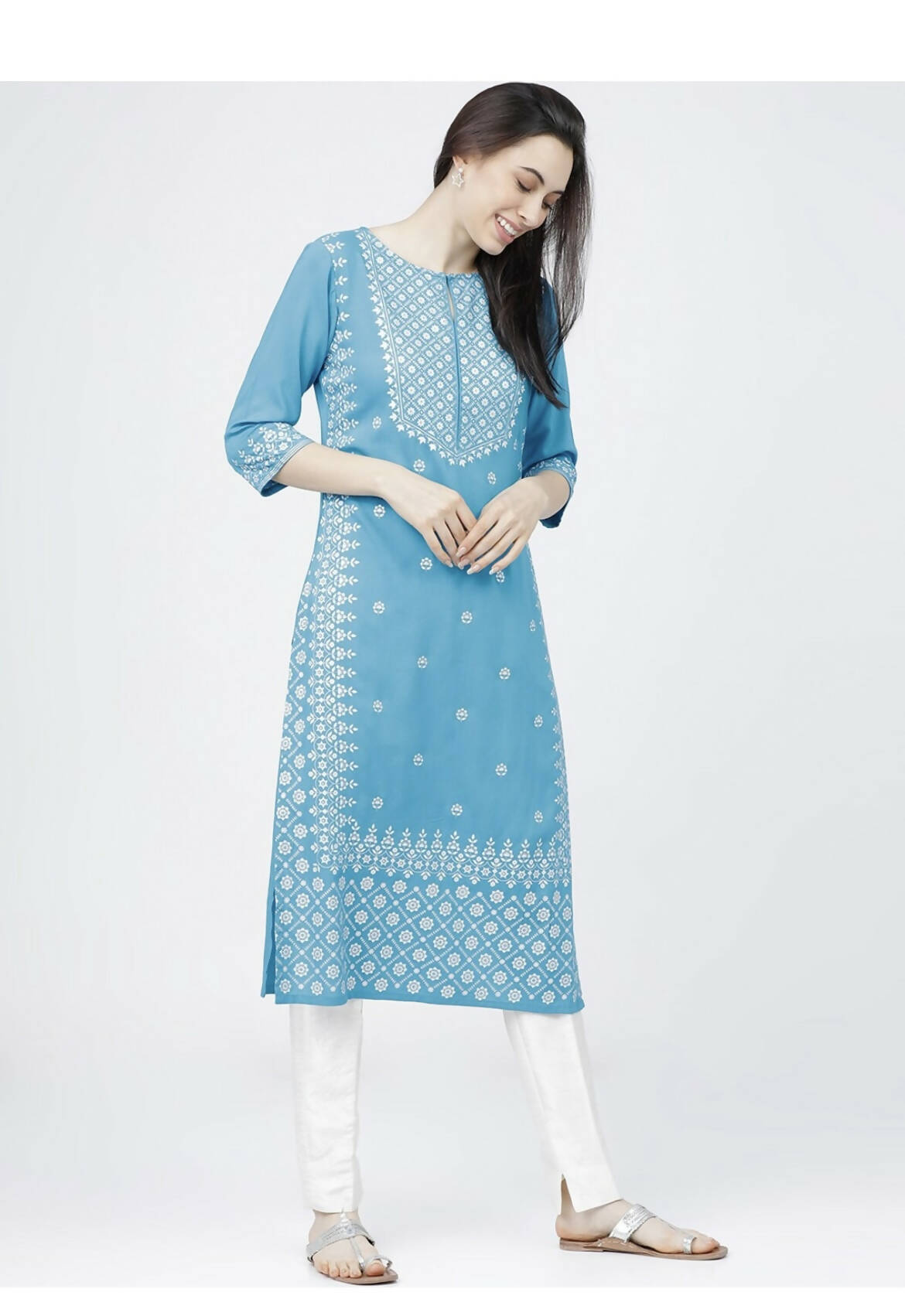 Cheera Embellished Daily Wear Cotton Blend Kurta - Sky Blue - Grab2buy