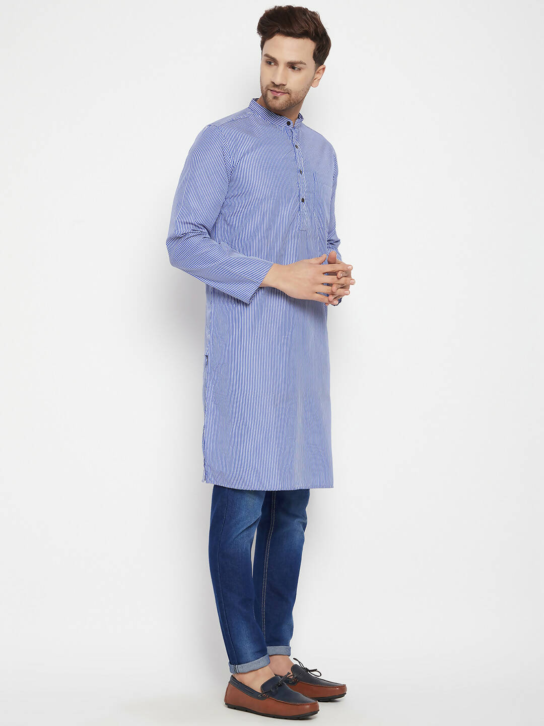 Even Apparels Blue Color Pure Cotton Long Men's Kurta With Band Collar