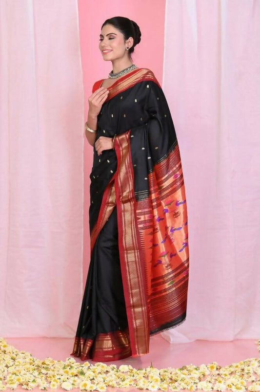 Very Much Indian Traditional Black Pure Silk Paithani With Red Border & Double Pallu - Grab2buy