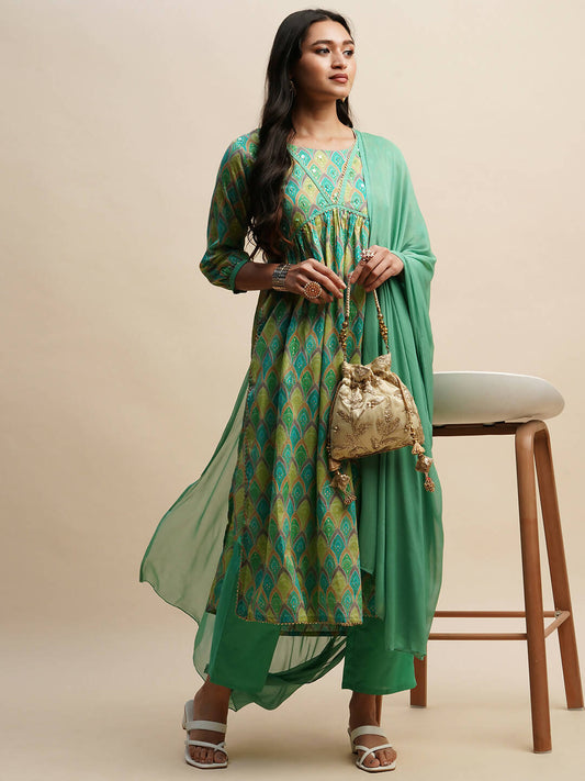 Sea Green Pure Cotton Bandhani Printed Naira Cut Kurta And Bottom With Dupatta - Akashara