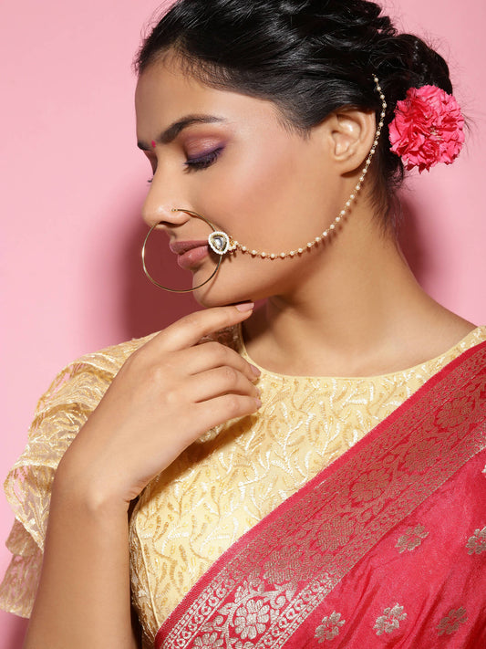 Gold Plated White Kundan Studded Nose Pin With Beaded Extension - Ruby Raang - Grab2buy