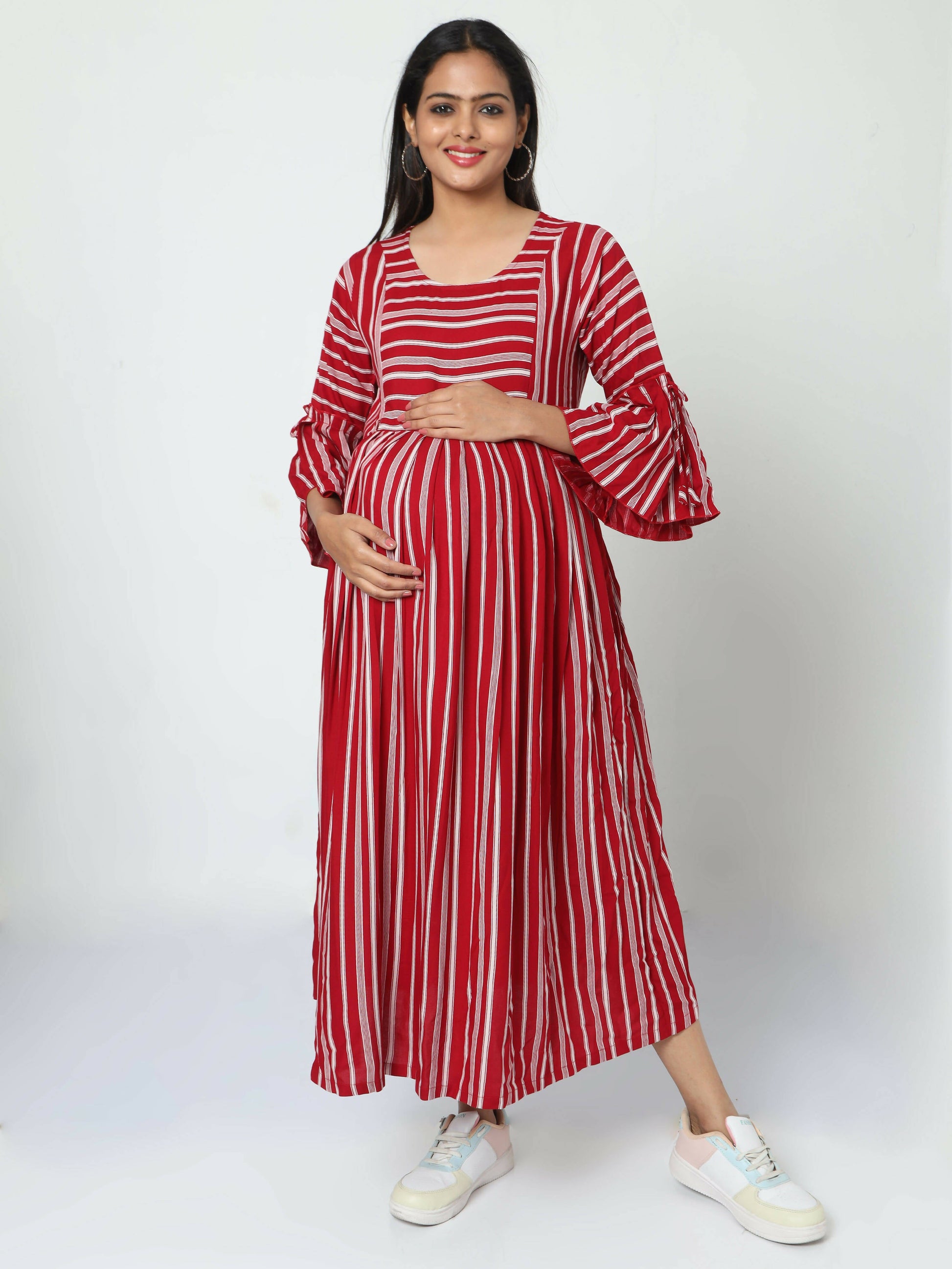 Manet Three Fourth Maternity Dress With Concealed Zipper Nursing Access - Red