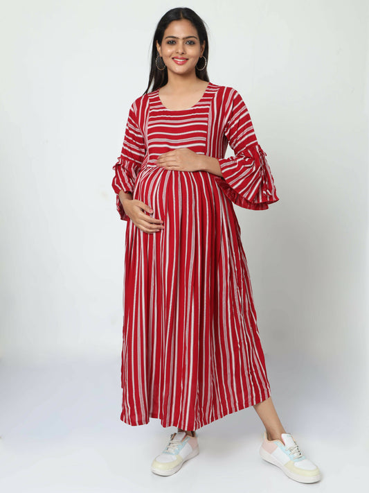 Manet Three Fourth Maternity Dress With Concealed Zipper Nursing Access - Red
