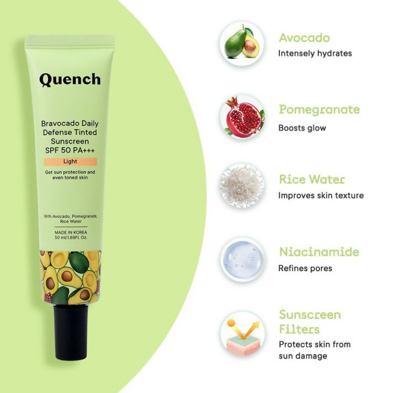 Quench Vitamin E Tinted SPF 50 Sunscreen PA+++ with both Mineral & Chemical Actives (Light) 