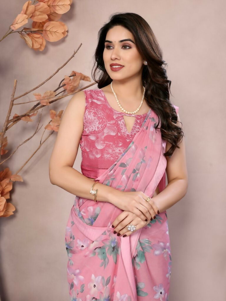 Designer Partywear Pink Bright Moss Satin Patta Fancy Saree - Kanak