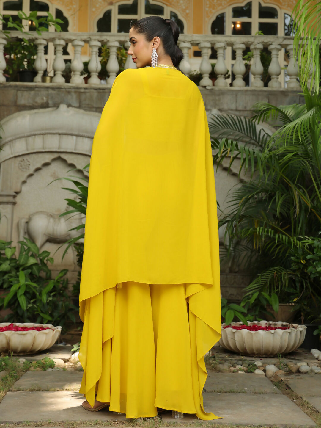 Janasya Yellow Georgette Sequined Top Bottom Cape 