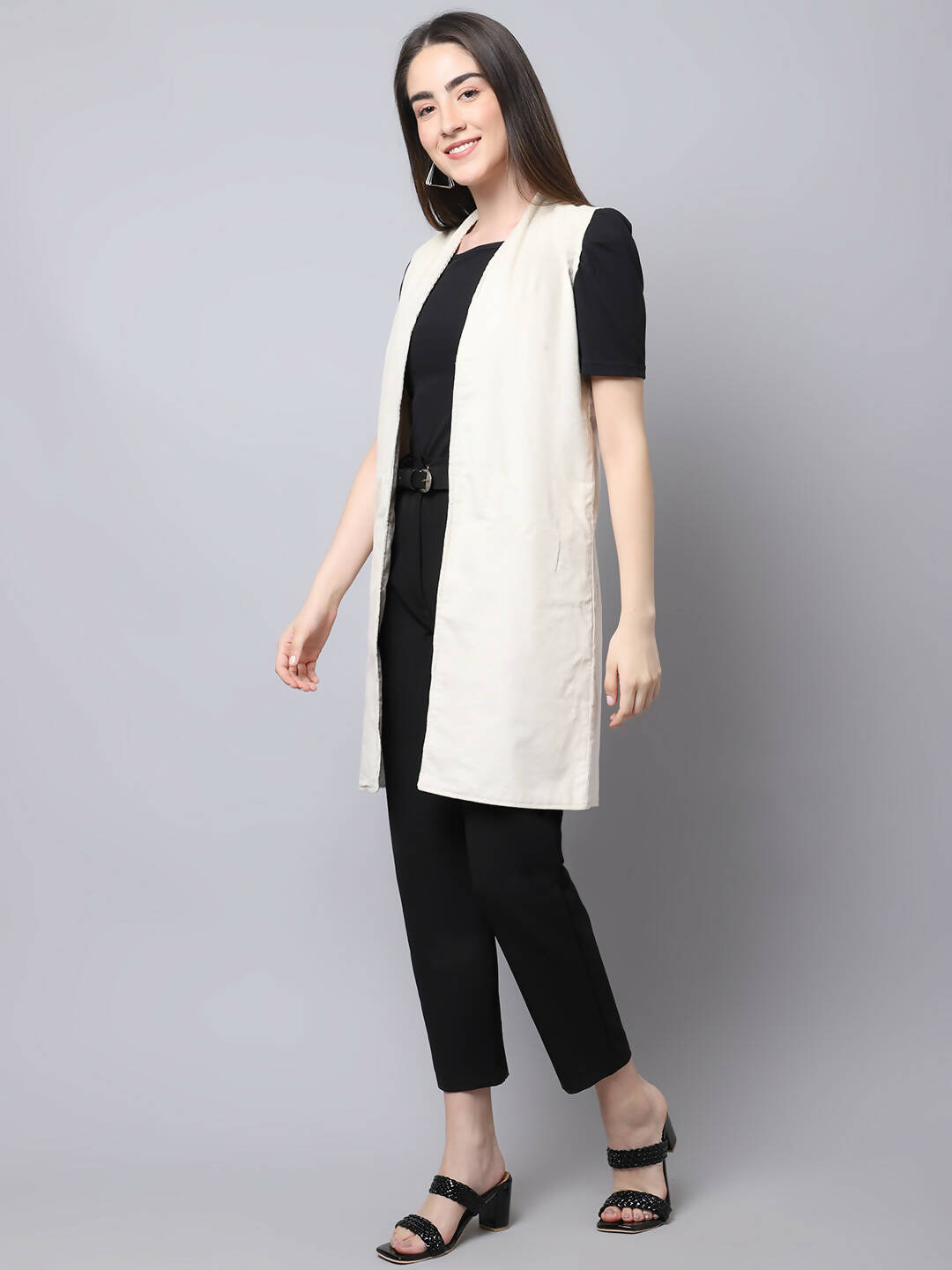 Even Apparels White Polywool Open Front Corduroy Women's Long Coat 
