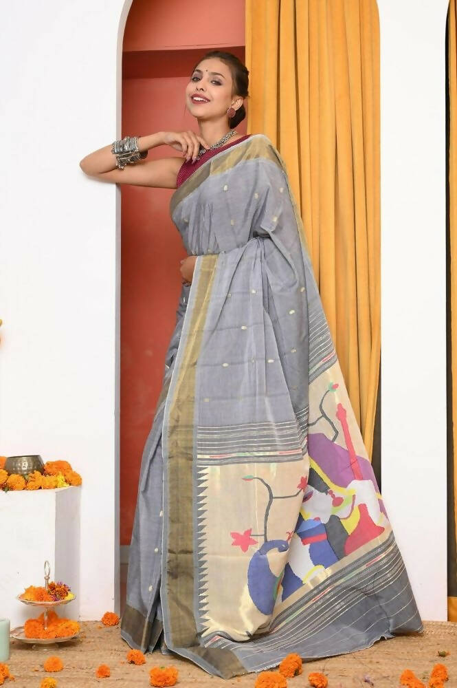 Very Much Indian Handloom Grey Cotton Paithani With Radha Krishna Pallu 