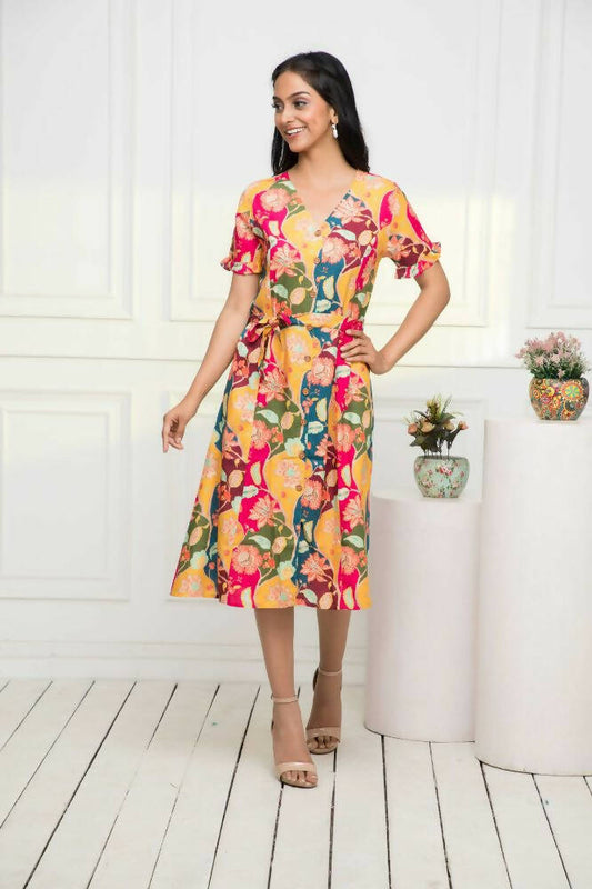 Myshka Women Multi - Abstract Rayon A-Line V-Neck Dress - Grab2buy