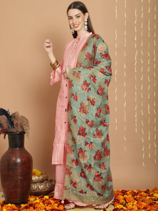 Aastha Fashion Women's Peach Chanderi Silk Elegant Jardoshi Kurta with Trouser & Dupatta - Grab2buy