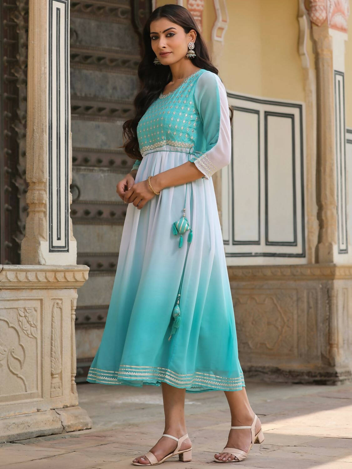 Juniper Women Teal Georgette Embroidered Maxi Dress
