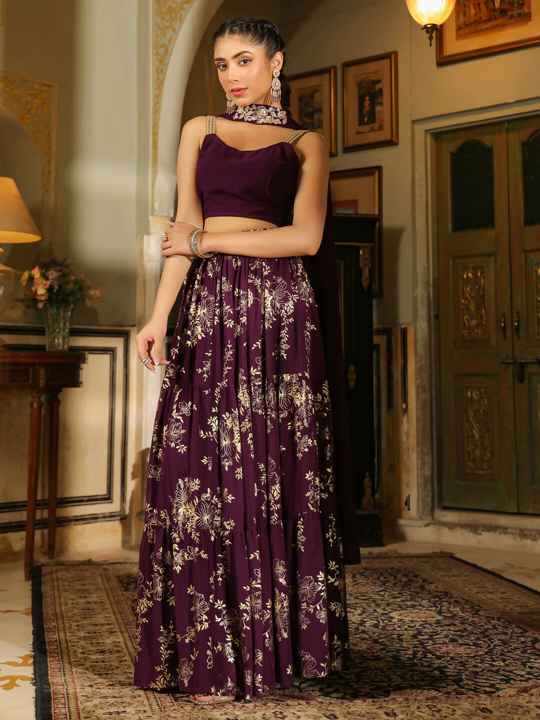 Janasya Purple Georgette Solid Lehenga Choli Dupatta 