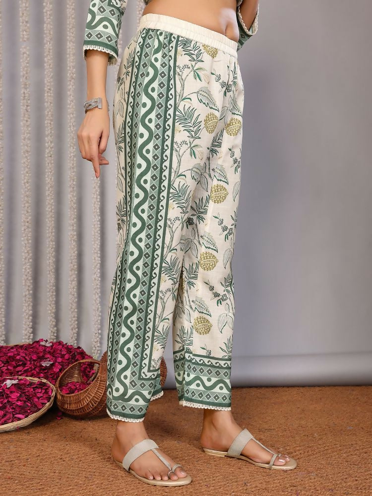 Joban Fashion Women Off White & Forest Green Linen Printed Stitched Kurta Set