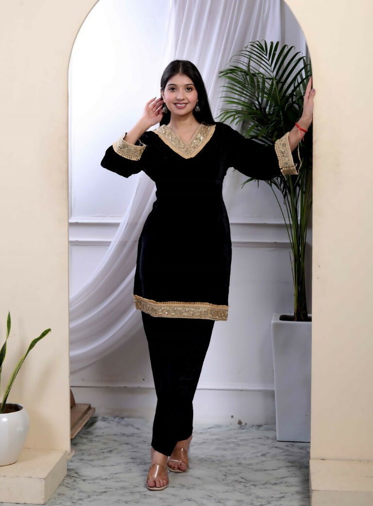 Miravan Women's Black Velvet Dreams Embroidered Co-ord Set 