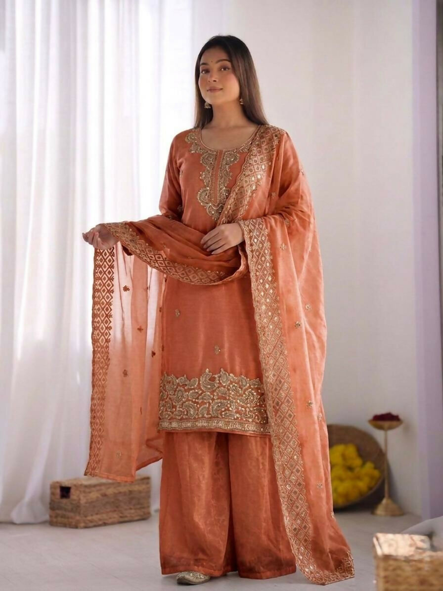 Teeya Creation Womens New Trendy Stylish Embroidery Beads Work Palazzo Kurta Set -Peach