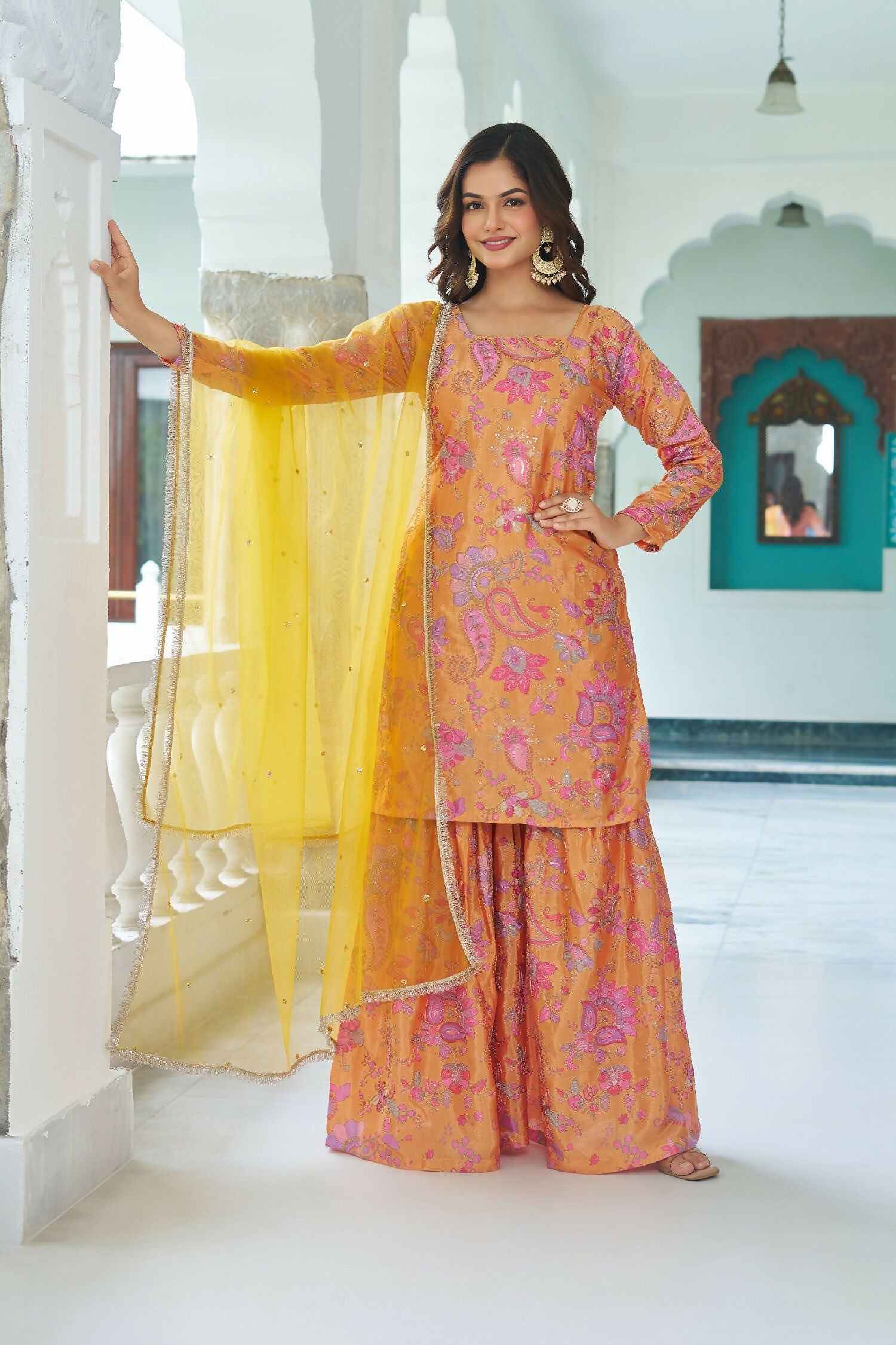 Joban Fashion Yellow Chinnon Embroidery Sequence Work Readymade Kurta Set
