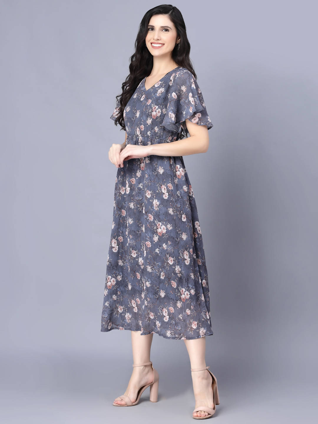Myshka Women Grey Floral Midi Dress