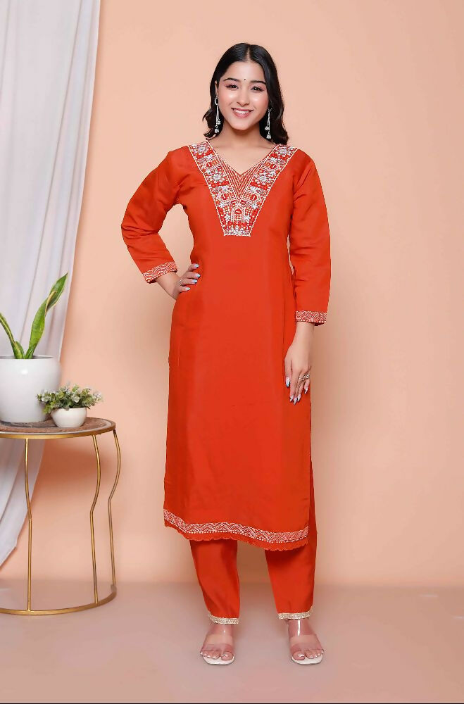 Miravan Womens Orange Embroidered Straight Kurta With Palazzo And Dupatta Set