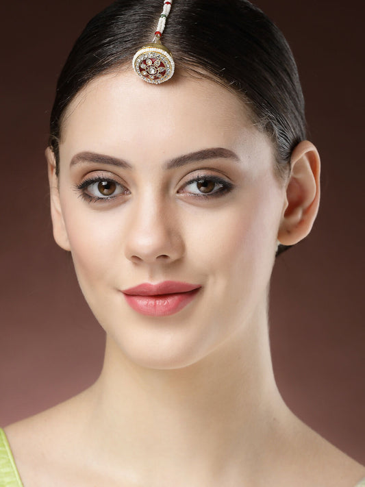 NVR Women's Gold-Polished CZ Stone-Studded Borla Maang Tikka