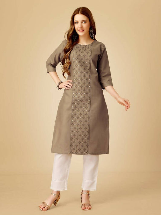 Aastha Fashion Women's Khaki Cotton Blend Embroidered Kurta Pant Set - Grab2buy