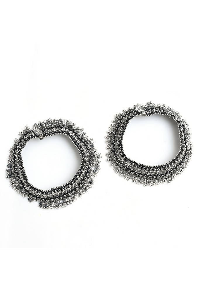 Mominos Fashion Kamal Johar Oxidised Silver Heavy Design Anklets