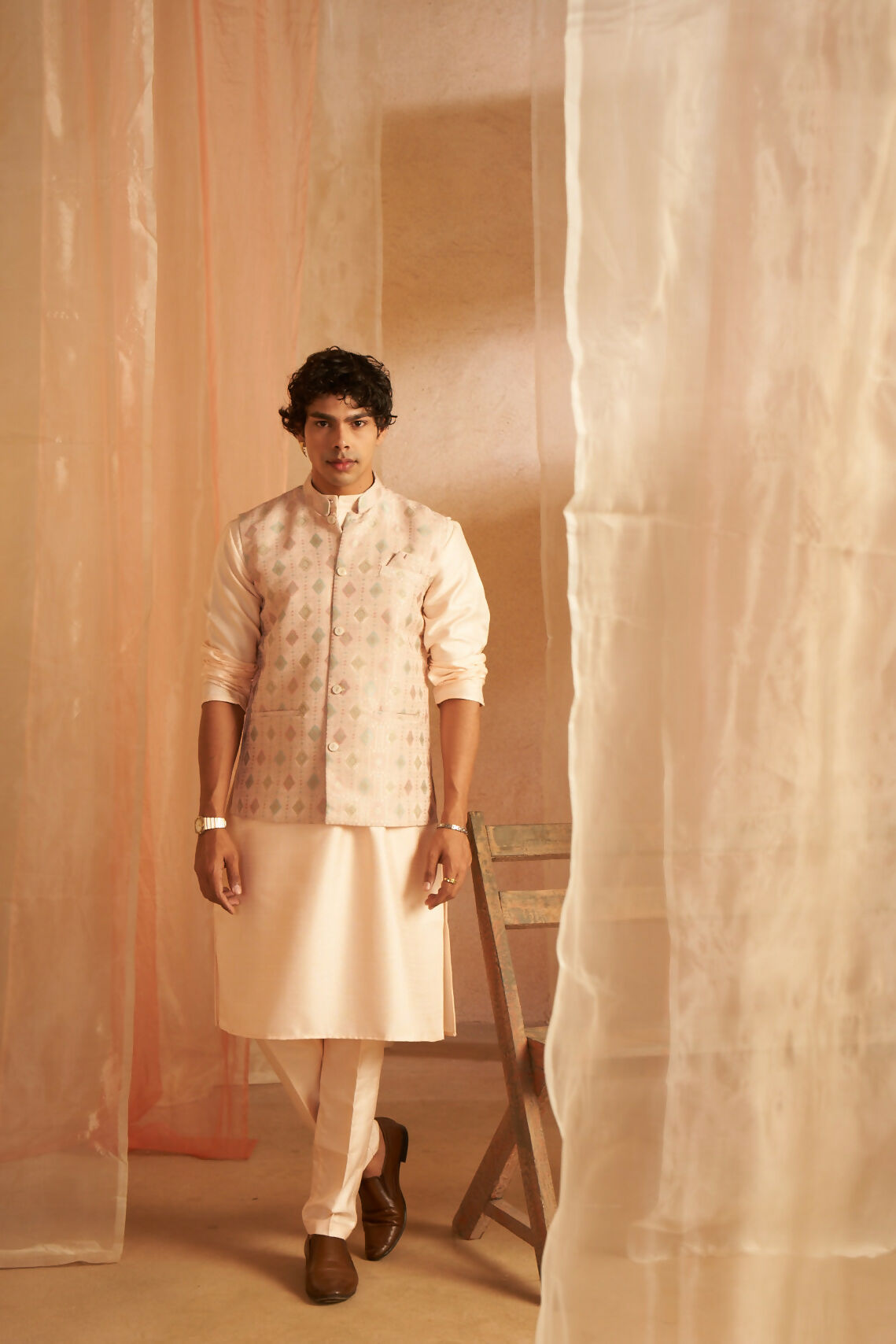 Peach Viscose Designer Printed Men's Kurta Set with Koti - Mahotsav