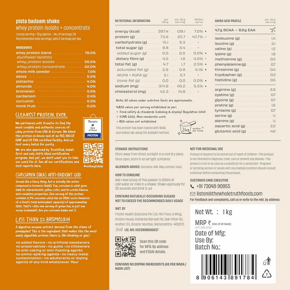 The Whole Truth Whey Protein Isolate+Concentrate - Pista Badaam Shake  Grab2Buy The Whole Truth Grab2Buy