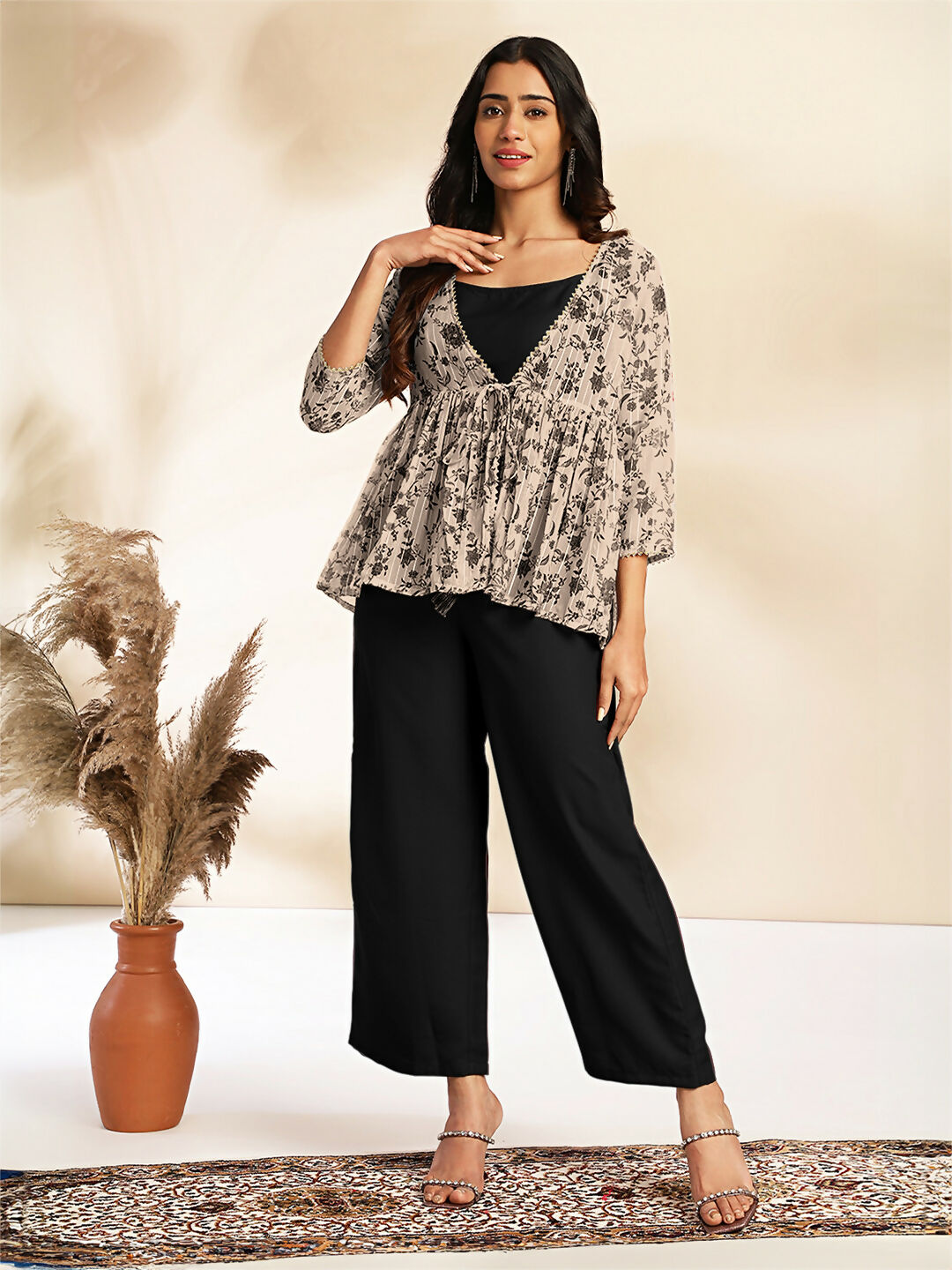 Janasya Black Crepe Solid Top,Bottom & Jacket 