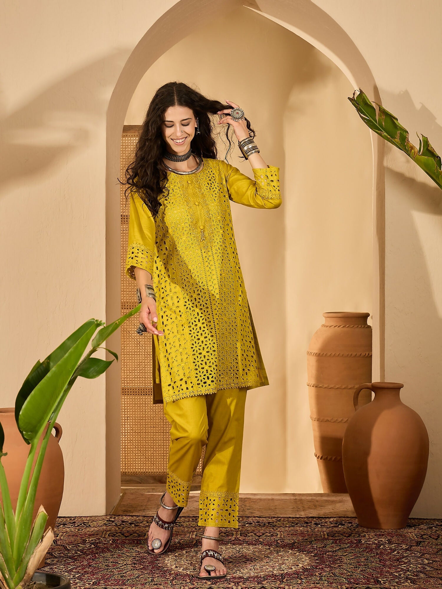 Joban Fashion Embroidery Mustard Pure Cotton Cord Set