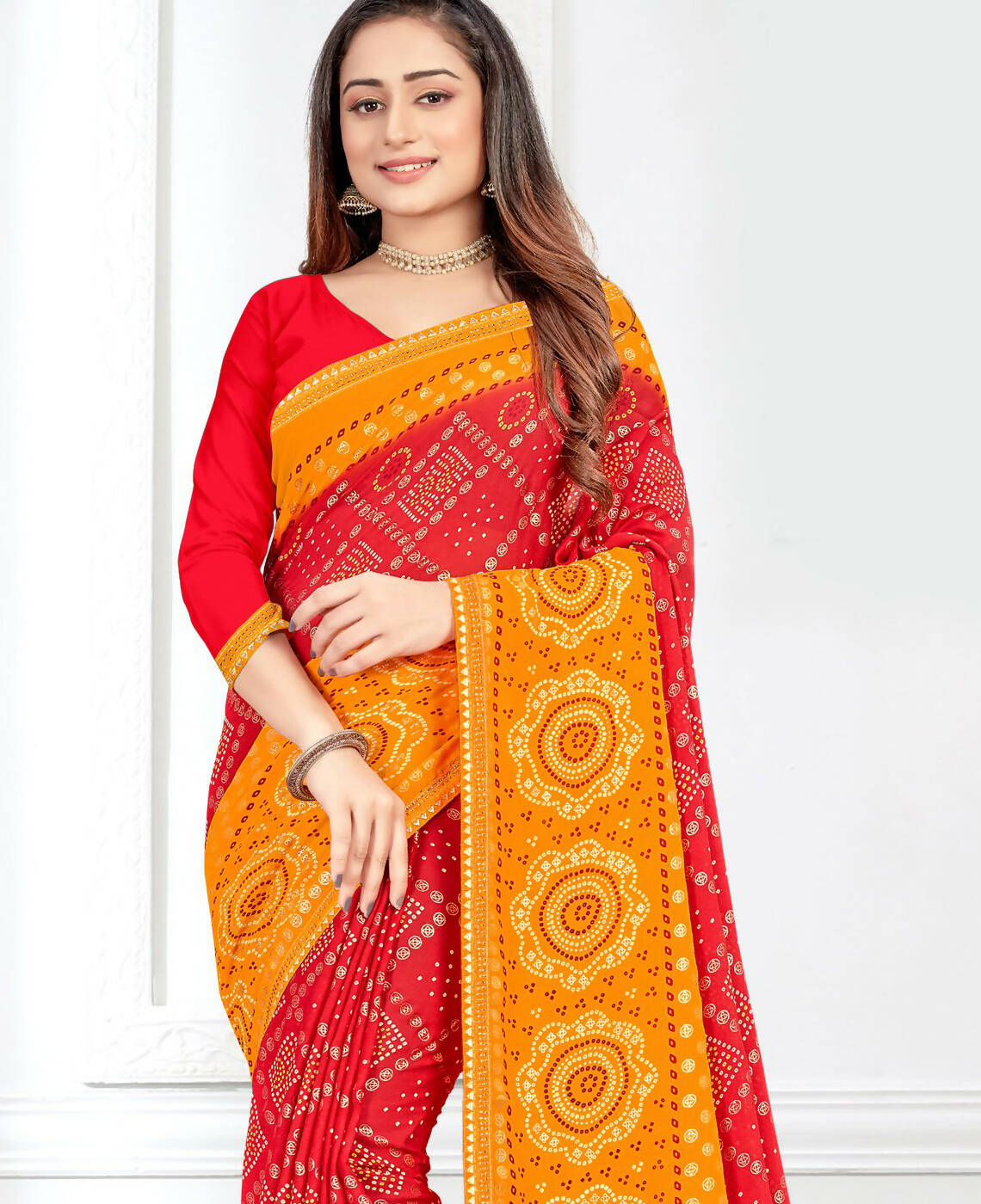Red & Yellow Georgette Bandhani Printed Saree With Unstitched Blouse Piece - Jyoti