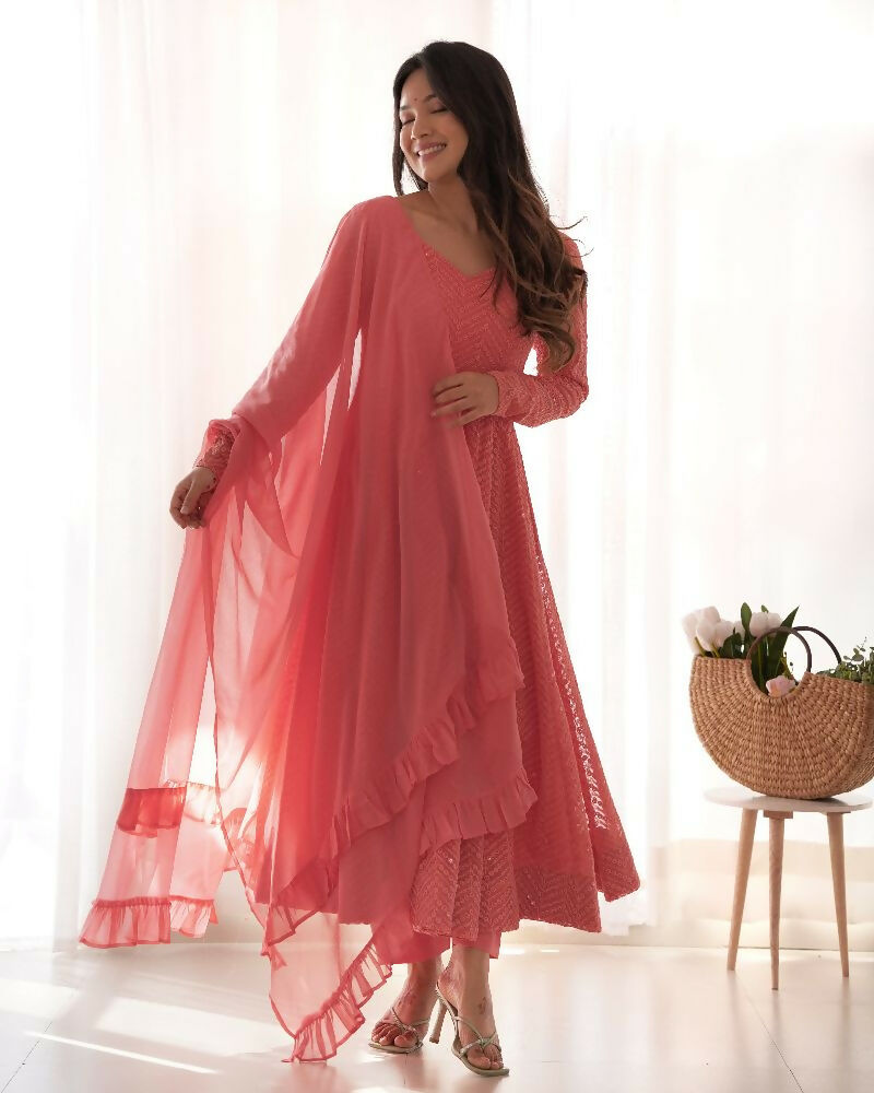 Joban Fashion Peach Kurta Set Georgette Sequence Embroidery Work 