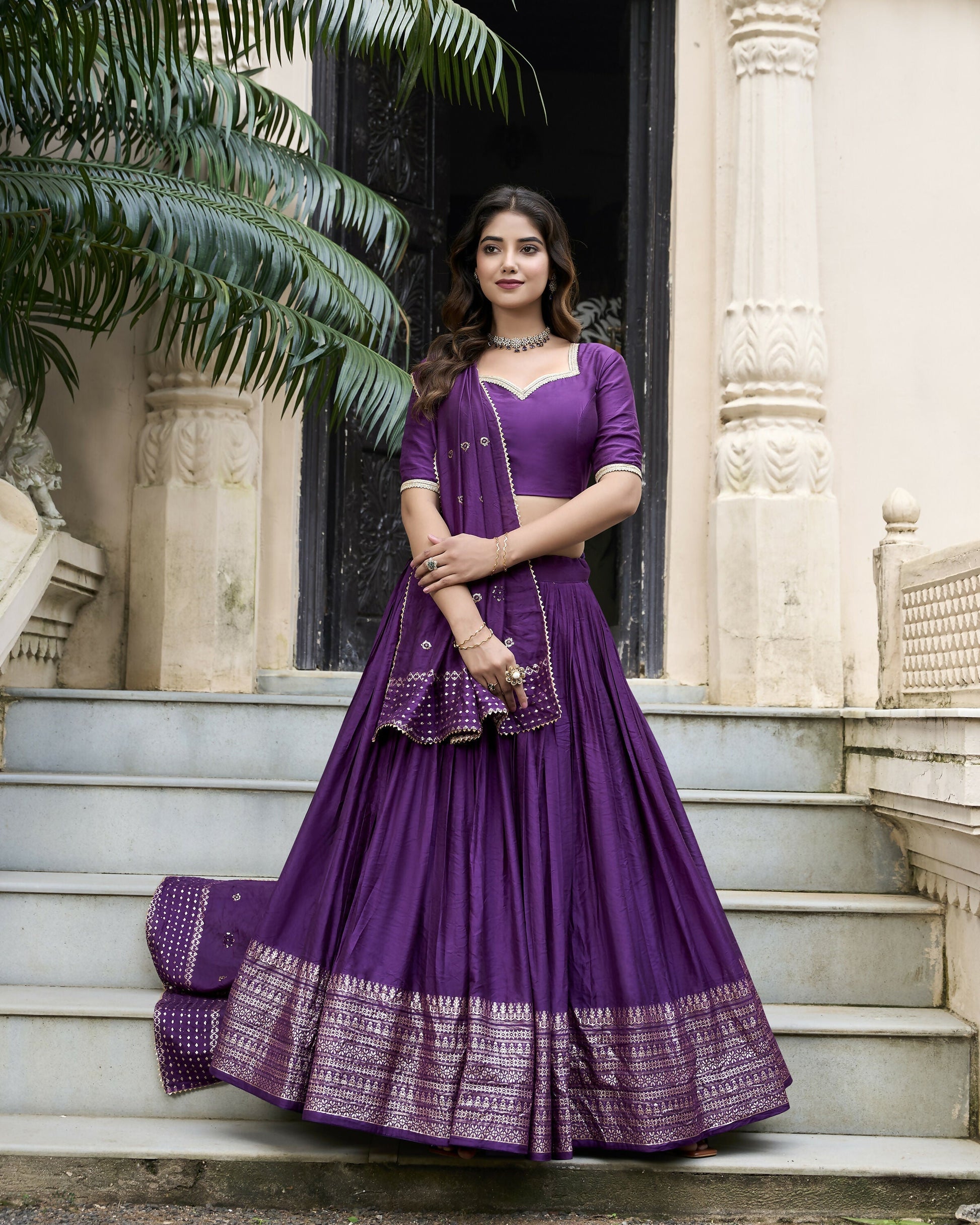 Lorenvalley Purple Pure Chanderi Plain With Zari Weaving Work Border Lehenga Choli 