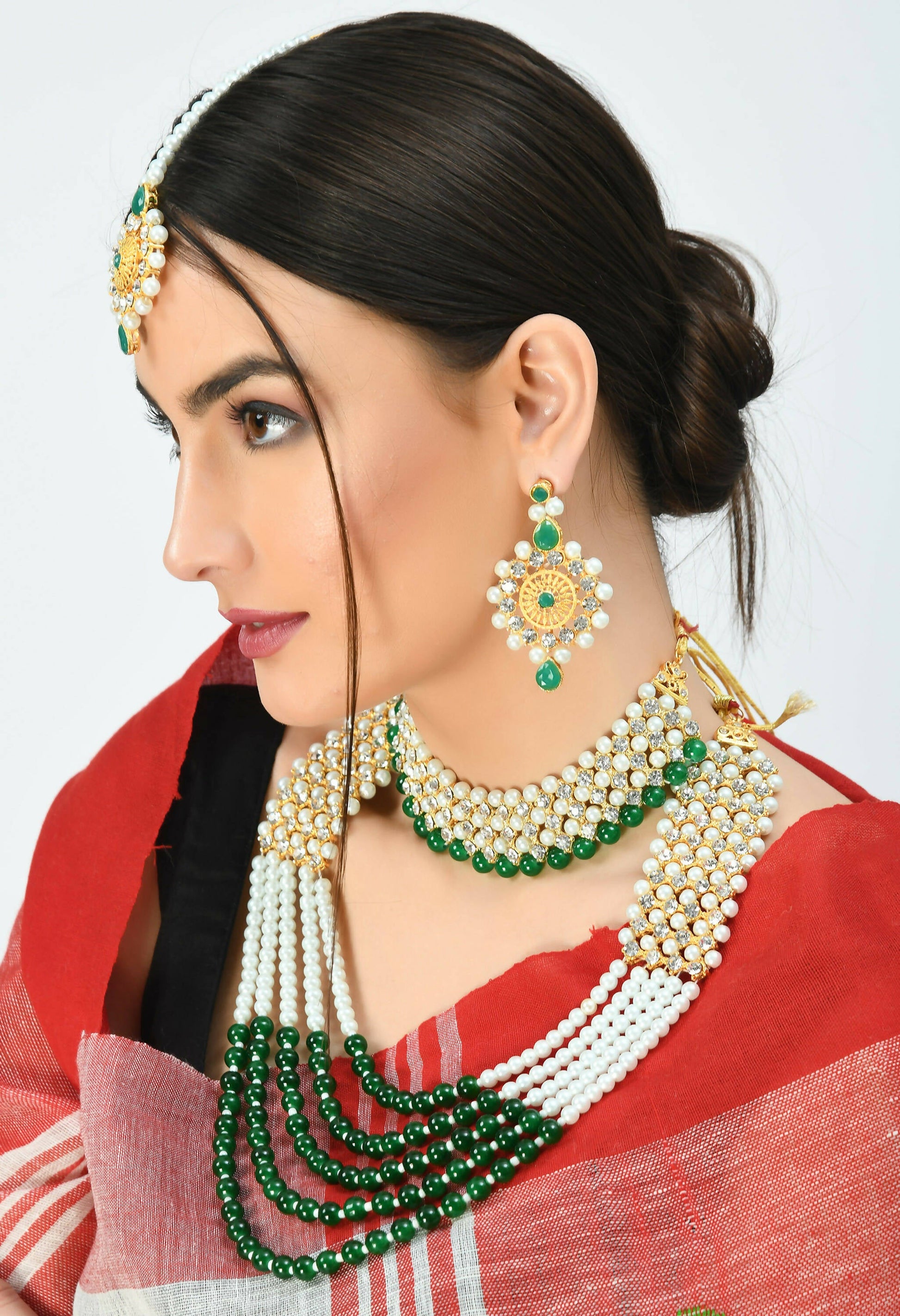 Mominos Fashion Johar Kamal Gold-Plated Rani Haar with Cream Green and Off white Pearls Jewellery Set - Grab2buy