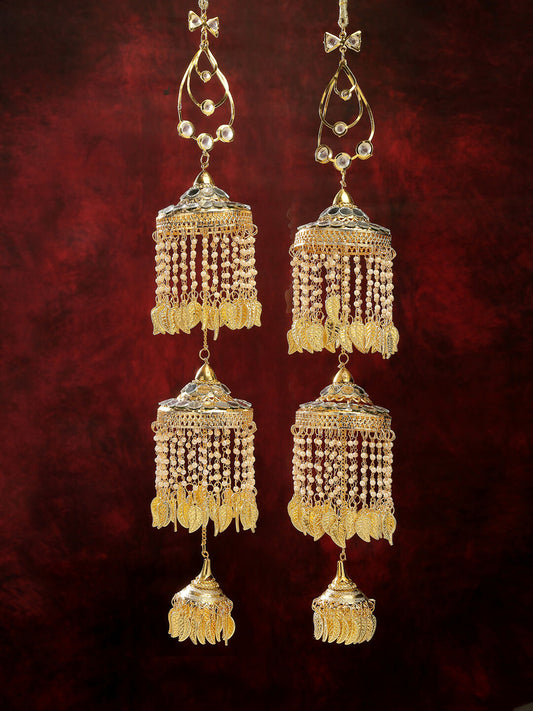 NVR Women's Pack Of 2 Gold-Polished & White Pearl Mirror Work Bridal Layered Kaleera Sets