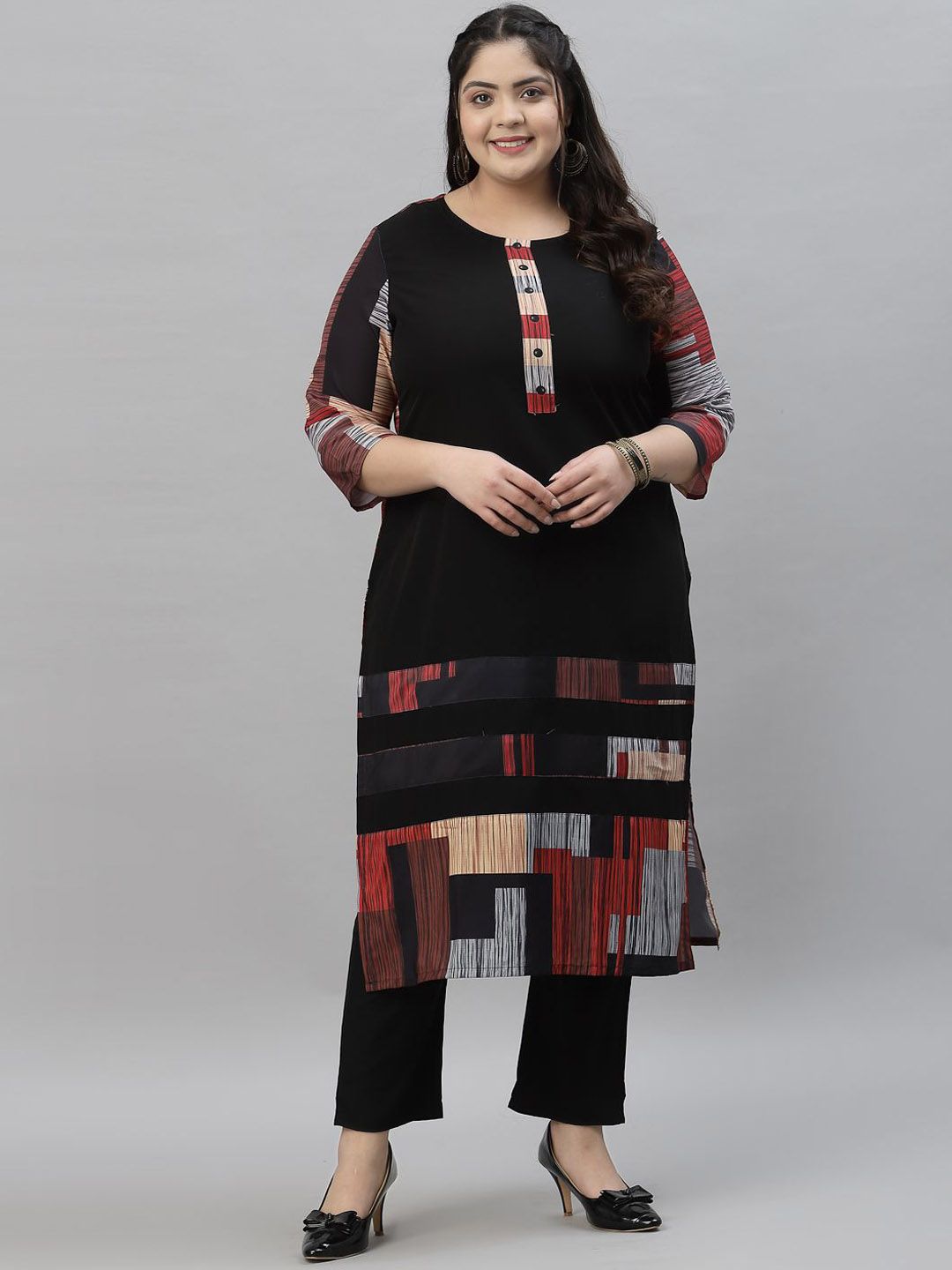 Sztori Plus Size Printed Neck Round Neck Straight Kurta