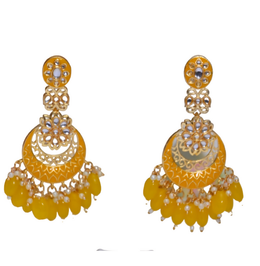 Yellow Gold-Polished Beautifully Enamelled Stylish Kundan & Pearl Dangle Women Earrings|Meenakari Chandbali Traditional Ethnic Wear Earrings By House of Ree House of Ree