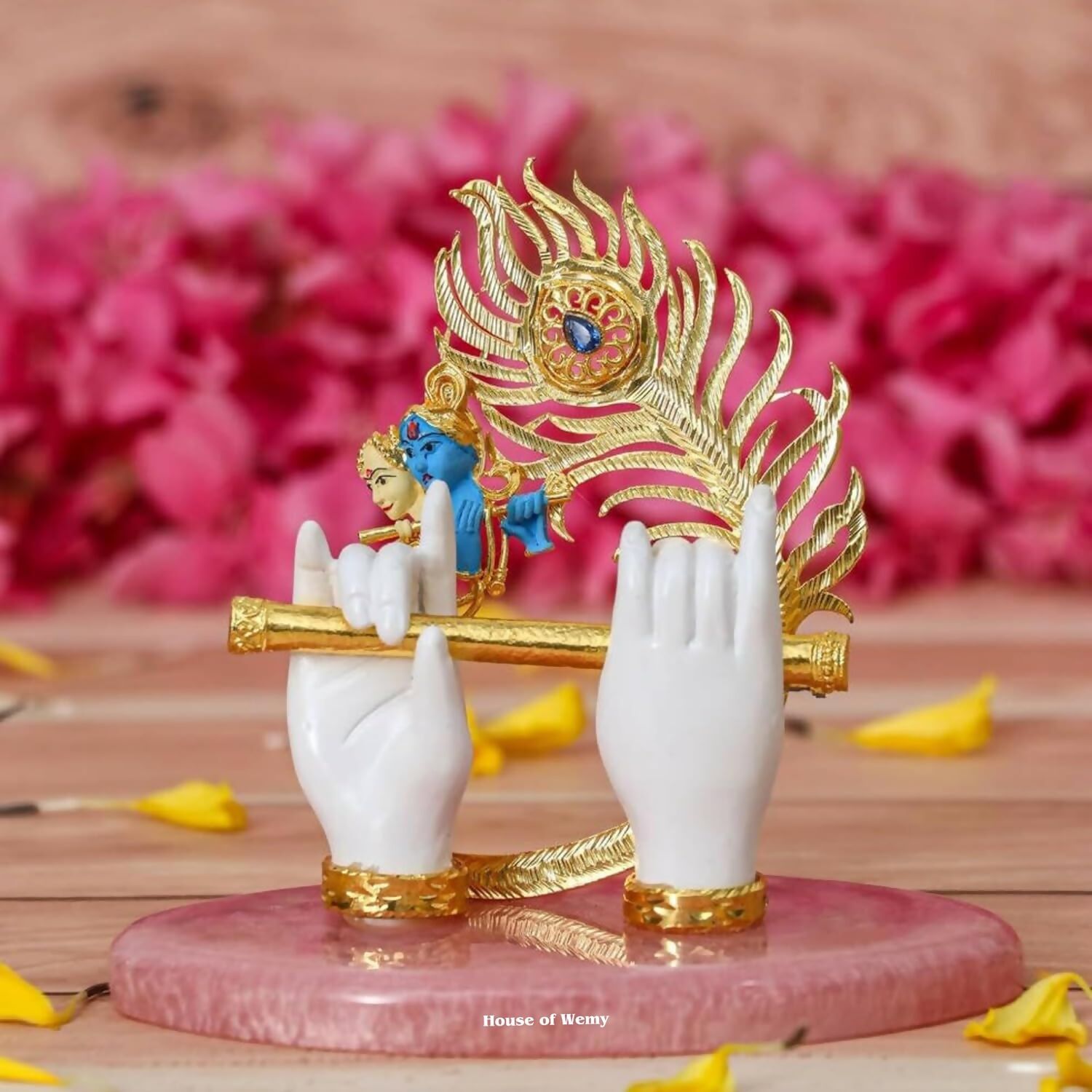 House Of Wemy Gold-Polished Lord Krishna Hands Idol with Flute, Face and Pecock Feather 