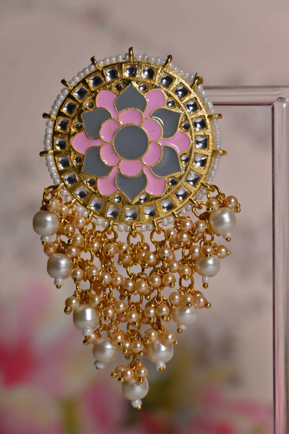 Pink & Grey Mandala Flower Hand Painted Bridal Earrings By House of Ree House of Ree