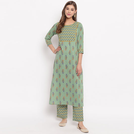 NOZ2TOZ Women's Floral Print Straight Cotton Pista Kurta With Palazzo 