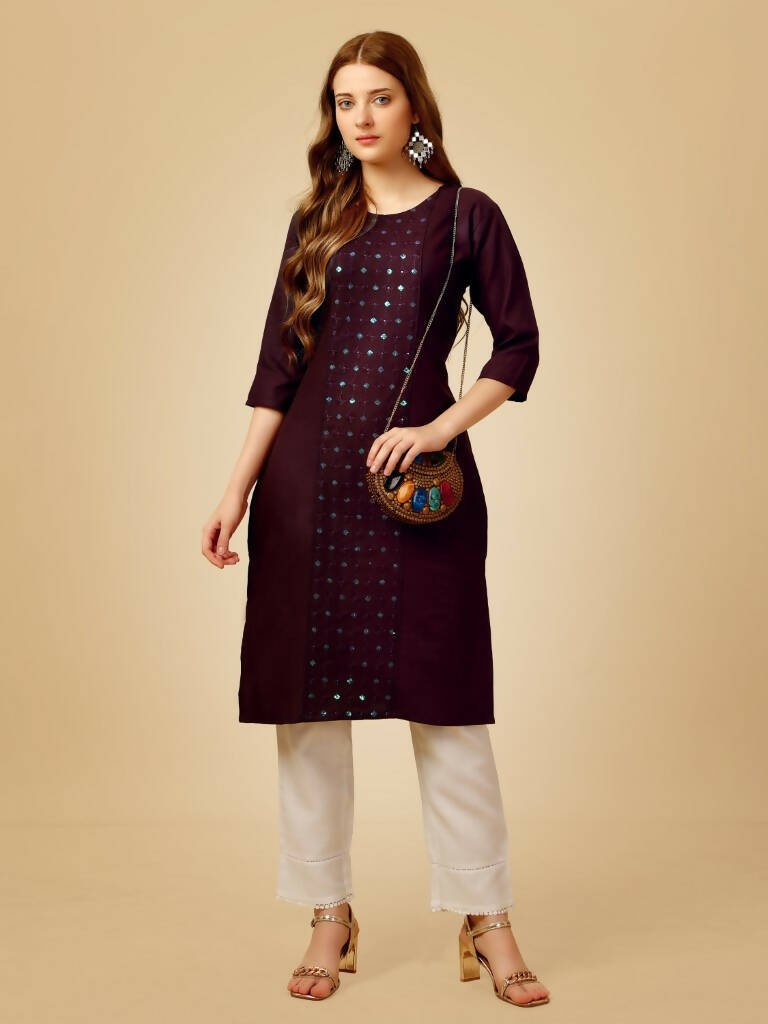 Aastha Fashion Women's Wine Cotton Blend Embroidered Kurta Pant Set - Grab2buy